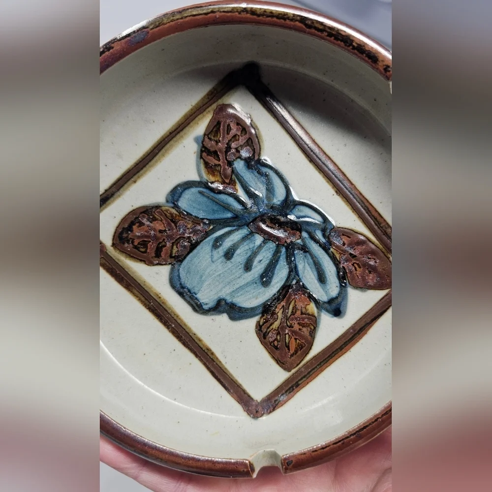Vintage Hand Crafted Otagiri Original Speckled Stoneware Pottery Floral Ashtray - Picture 2 of 13